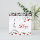 Paris Wedding Invite Red Roses Silver Black White Kaart (Staand voorkant)