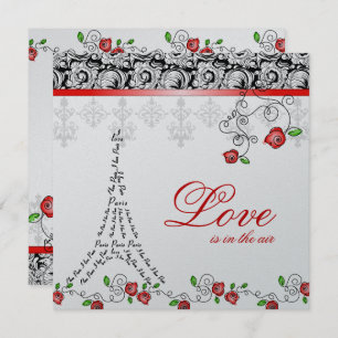 Paris Wedding Invite Red Roses Silver Black White Kaart