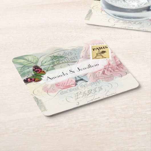 Paris Wedding  Shabby-Chic Pink Custom Kartonnen Onderzetters (Schuin)