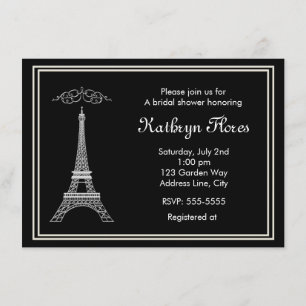 Paris White Eiffel Tower on Black French Invite Kaart