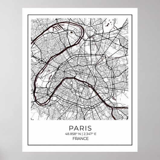 Paris White Map - Map Wall Art Decor Poster (Voorkant)