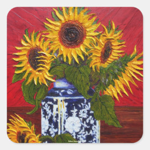 Paris' Yellow Sunflower op Red Background Vierkante Sticker
