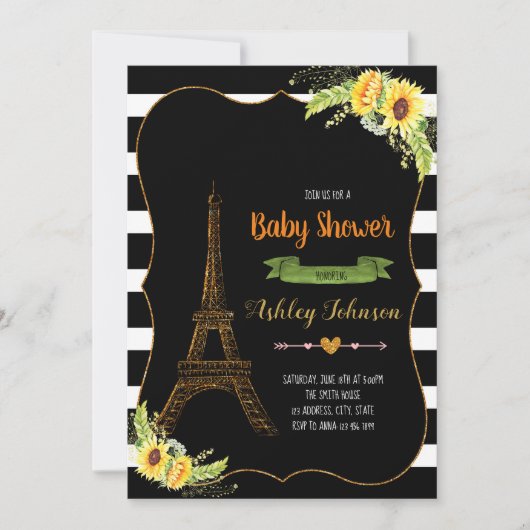 Paris Zonnebloem baby shower uitnodiging (Voorkant)