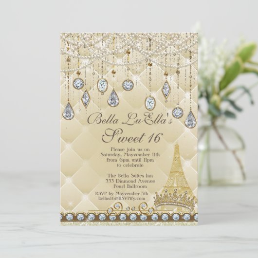 ParisDiamond en Parels Uitnodigingen voor verjaard (Staand voorkant)