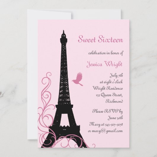 Parisian Birthday Invitation (roze) Kaart (Voorkant)