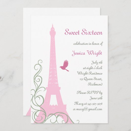 Parisian Birthday Invitation (wit) Kaart (Voorkant / Achterkant)