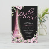 Parisian Black Pink Floral Invitation Kaart (Staand voorkant)