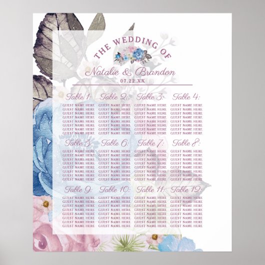 Parisian Charm Blue & Pink Table Seating Chart Poster (Voorkant)