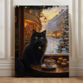 Parisian Christmas Cat – Whimsical Black Cat Café  Canvas Afdruk