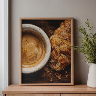 Parisian Coffee & Croissant Art Canvas Afdruk