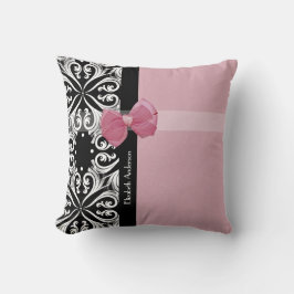 Parisian Damask roze en Black Chic Bow met naam Kussen