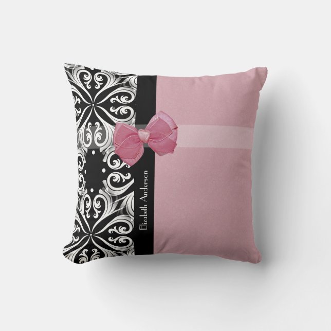 Parisian Damask roze en Black Chic Bow met naam Kussen (Voorkant)