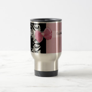 Parisian Damask roze lint met naam Reisbeker