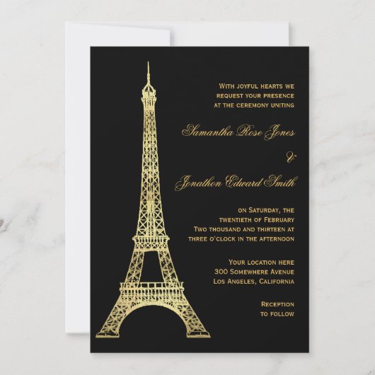 Parisian Eiffel Tower Black and Gold Wedding Kaart (Voorkant)