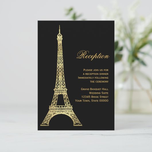 Parisian Eiffel Tower Black & Gold Reception Card Informatiekaartje (Staand voorkant)