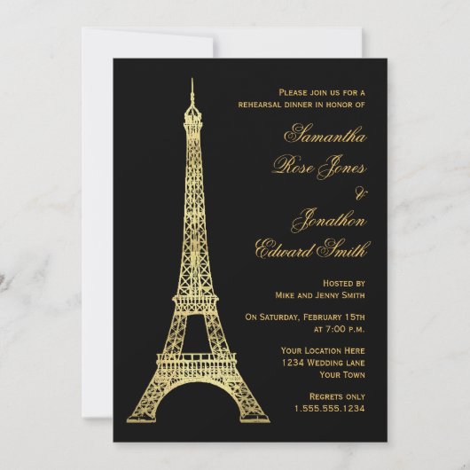Parisian Eiffel Tower Black Gold Rehearsal Dinner Kaart (Voorkant)