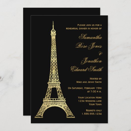 Parisian Eiffel Tower Black Gold Rehearsal Dinner Kaart (Voorkant / Achterkant)