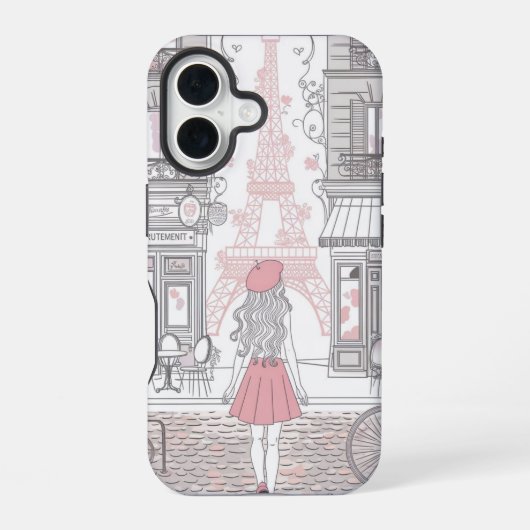 Parisian Girl – Cute Eiffel Tower & Café Street iPhone 16 Hoesje (Achterkant)