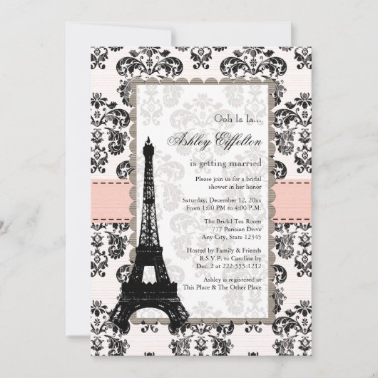Parisian Pink Black Bridal Shower-uitnodigingen Kaart (Voorkant)