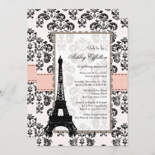 Parisian Pink Black Bridal Shower-uitnodigingen Kaart (Voorkant / Achterkant)