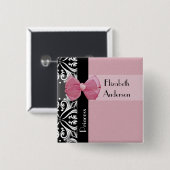 Parisian Princess Pink Ribbon Bow, met naam Vierkante Button 5,1 Cm (Voorkant /achterkant)