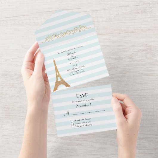 Parisian Thleped Striped Wedding All In One Uitnodiging (Afscheurbaar)