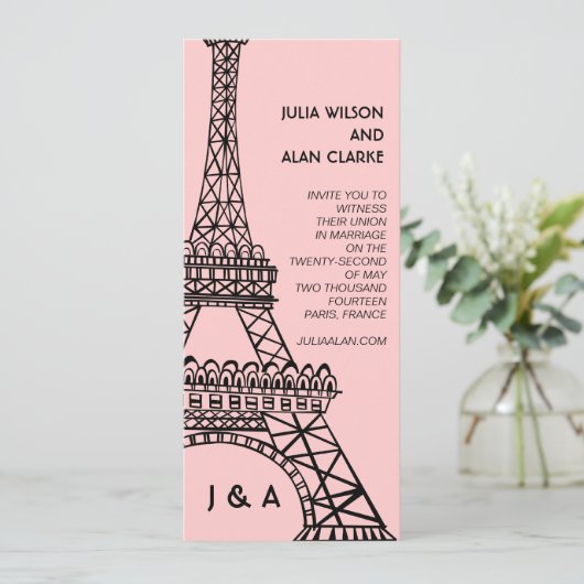 Parisian Wedding Invitation Eiffel Tower Pink Kaart (Staand voorkant)