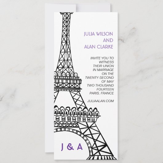 Parisian Wedding Invitation Paarse Eiffel Tower Kaart (Voorkant)