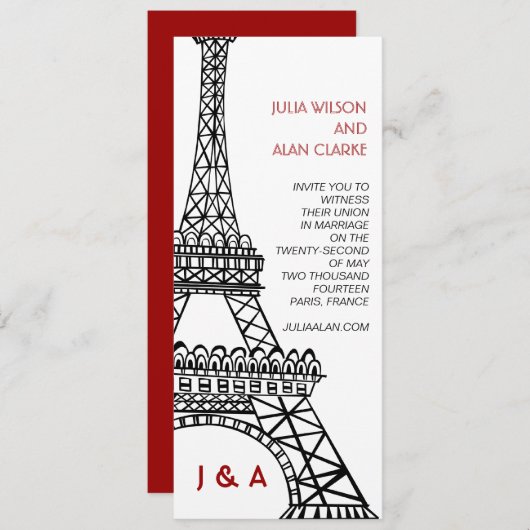 Parisian Wedding Invitation Red Black Eiffel Tower Kaart (Voorkant / Achterkant)