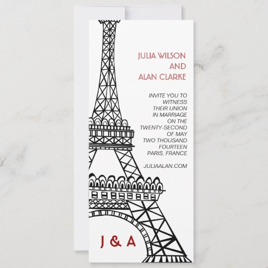 Parisian Wedding Invitation Red Black Eiffel Tower Kaart (Voorkant)