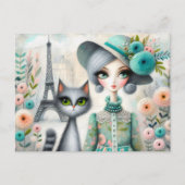 Parisian Whimsy: Stijlvolle vrouw en Schattige kat Briefkaart (Voorkant)