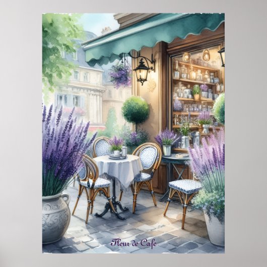 Parisienne Cafe met lavendelbloemen Poster (Voorkant)