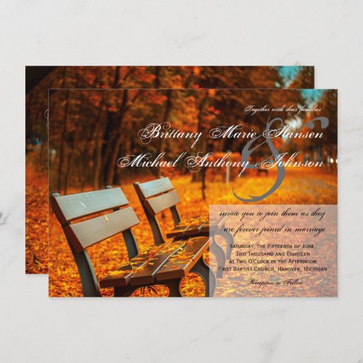 Park Bench Fall Leaves Wedding Invitations Kaart (Voorkant / Achterkant)