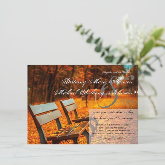 Park Bench Fall Leaves Wedding Invitations Kaart (Staand voorkant)