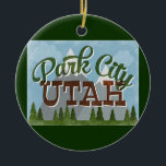 Park City Utah Fun Retro Snowy Mountains Keramisch Ornament<br><div class="desc">Park City Utah neo vintage-reisontwerp in een leuke retro-cartoon stijl met sneeuwbeklimde bergen,  bos en bomen eronder,  blauwe hemel en coole retro script tekst.</div>