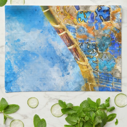 Park Guell in Barcelona, Spanje Theedoek (Gevouwen)