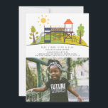 Park Playground Photo Kids Birthday Kaart<br><div class="desc">Deze schattige en moderne 'run,  klimmen,  dia and play' verjaardagsfoto-uitnodiging van het kind is voorzien van een dia,  schommelingen en een brug onder de zon met bomen. De achterkant kenmerkt een lichtgroene achtergrond met boompatronen. Pas uw wensen aan. Je kunt meer overeenkomende producten vinden in mijn winkel.</div>