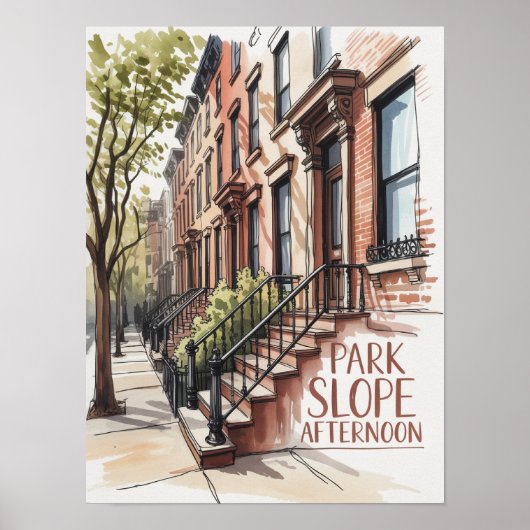 Park Slope Middag Bruinstenen Aquarel Poster (Voorkant)