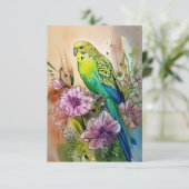 Parkiet en paarse bloemen bedankkaart (Staand voorkant)