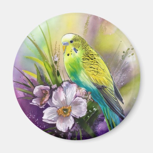 Parkiet en witte bloemen magneet (Voorkant)