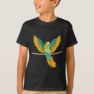 Parkiet zittend op een touw met open vleugels t-shirt