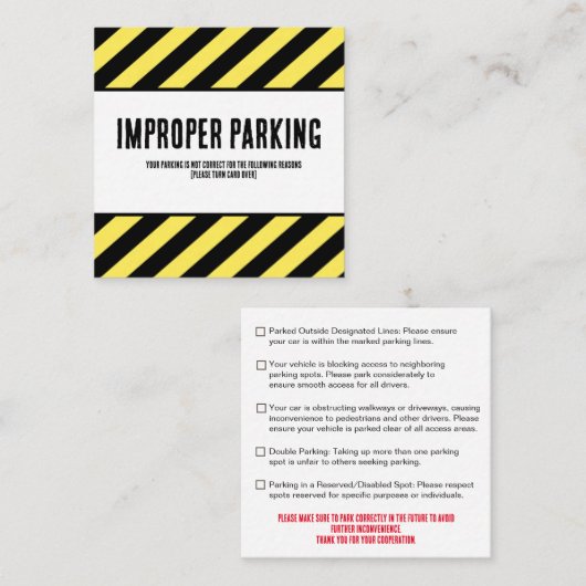 Parking Incorrectly Complaint Card, Funny Bad Park Vierkante Visitekaartje (Voorkant / Achterkant)