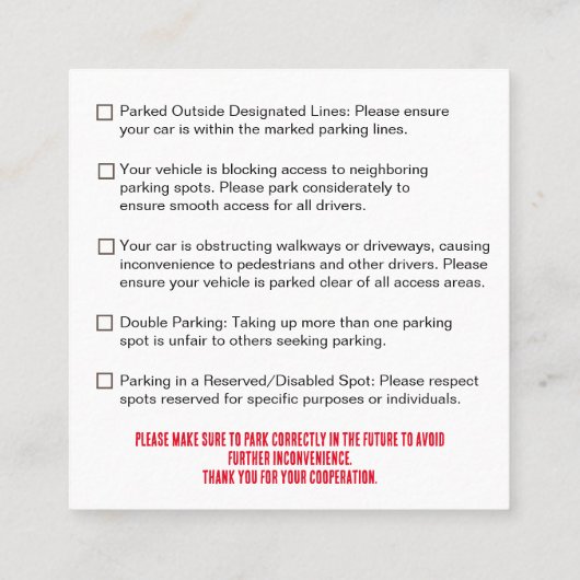 Parking Incorrectly Complaint Card, Funny Bad Park Vierkante Visitekaartje (Achterkant)