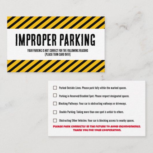 Parking Incorrectly complaint card Visitekaartje (Voorkant / Achterkant)