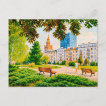 Parkzicht met Warschaus skyline - kleurrijk olieve