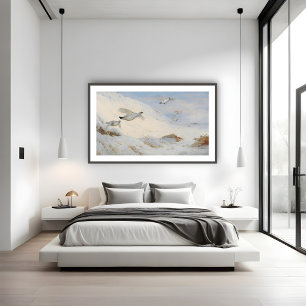 Parmigan in winterverenkleed, vliegend over de sne poster