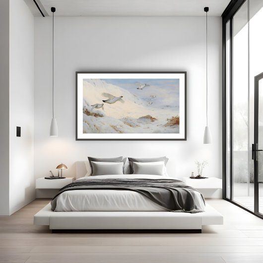 Parmigan in winterverenkleed, vliegend over de sne poster