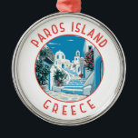 Paros Eiland Griekenland Retro Noodcirkel Metalen Ornament<br><div class="desc">Paros retro vector reisontwerp. Paros is een Grieks Zee dat vooral bekend is om zijn stranden en dorpjes.</div>