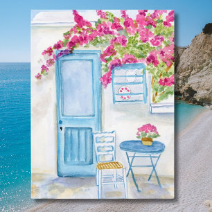 Paros Griekenland Blauwe Deur & Bougainvillea Aqua Briefkaart
