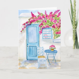 Paros Griekenland Blauwe Deur & Bougainvillea Aqua Kaart